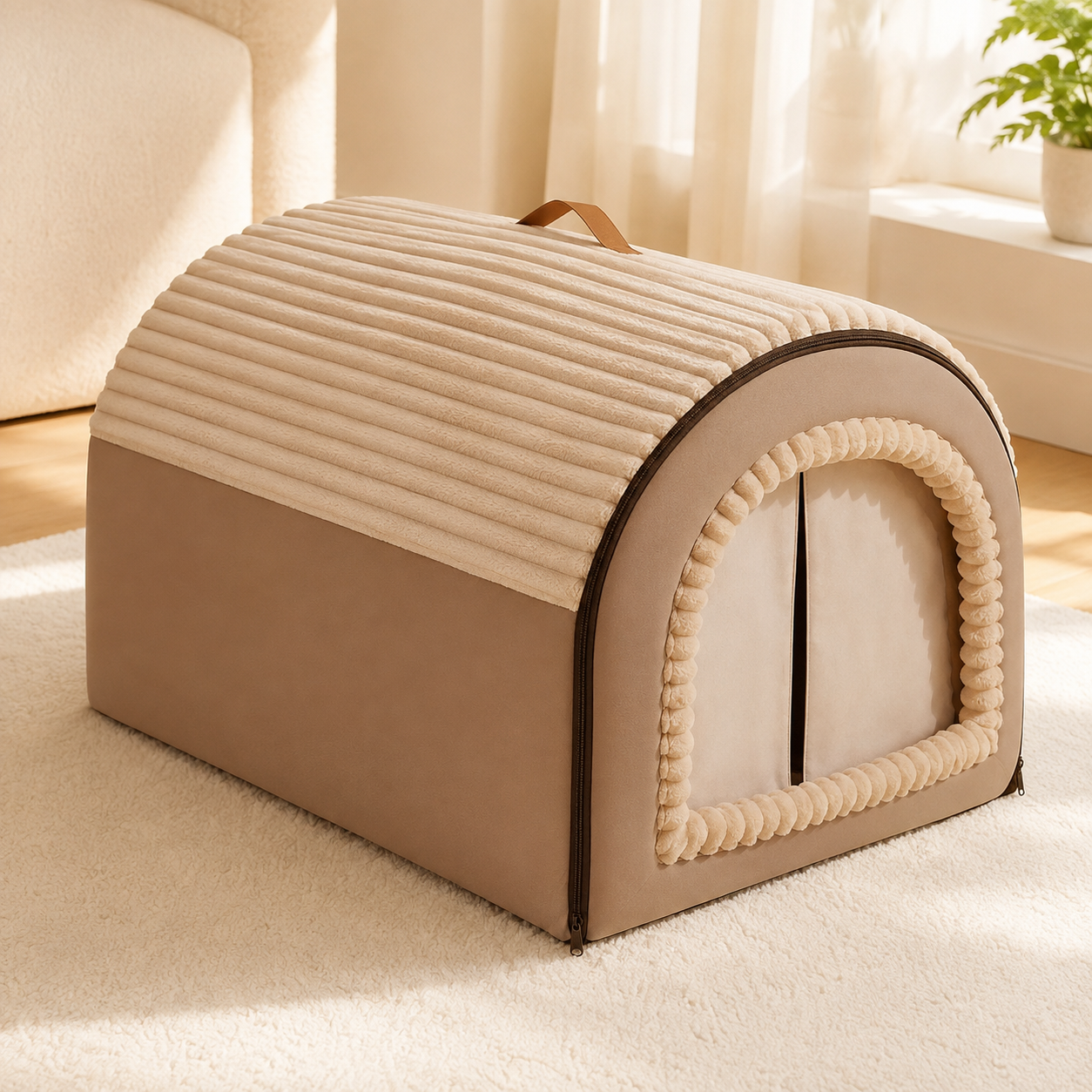 Brown washable pet house cave with closed fabric entrance flap