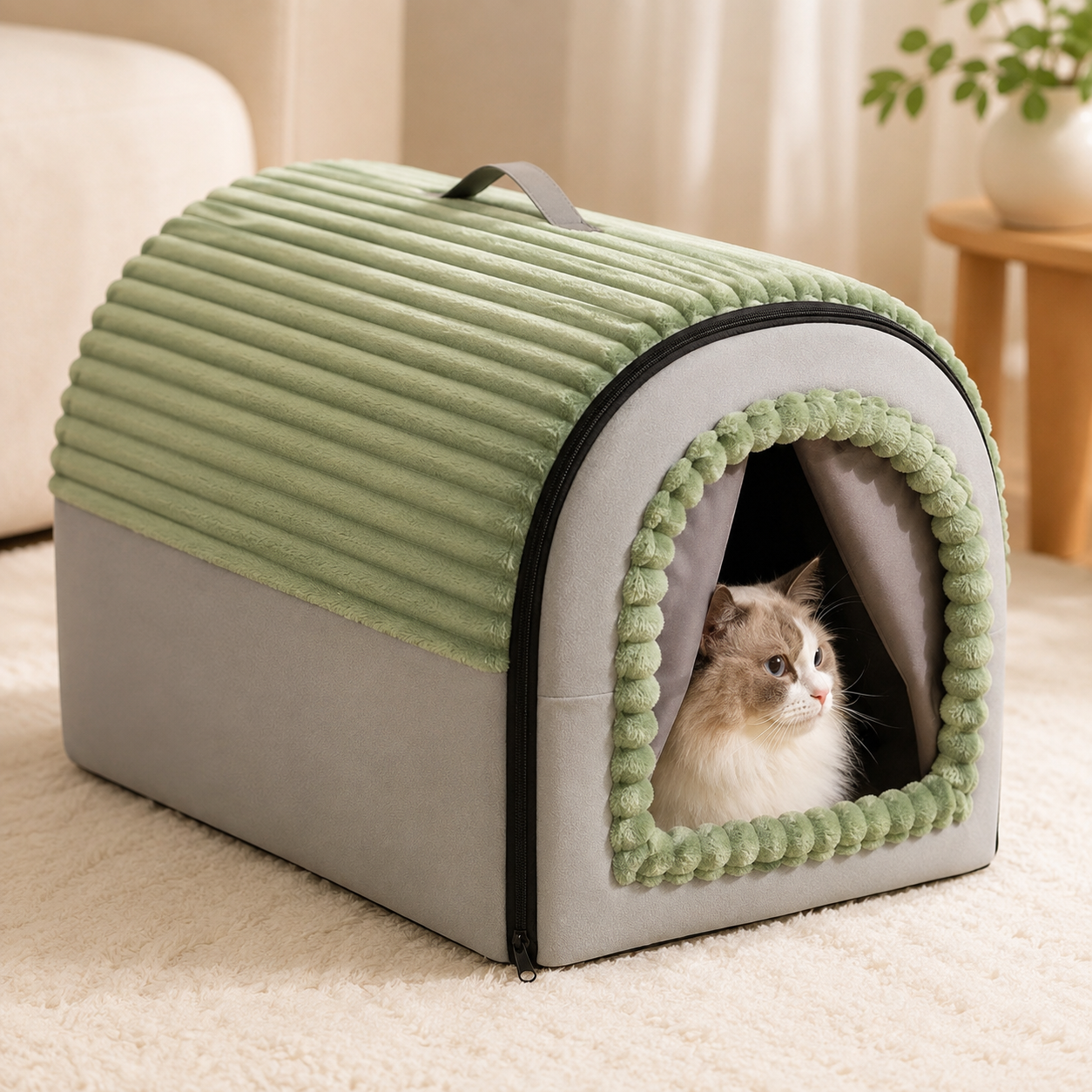 Green and grey washable pet house cave with a cat, angled side view