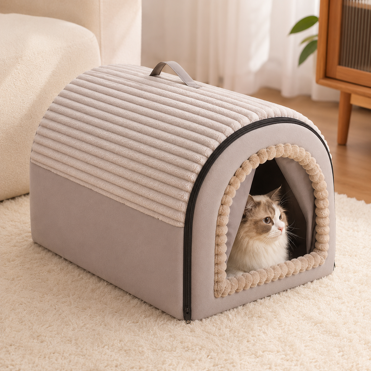 Grey washable pet house cave with a cat resting in the arched entrance