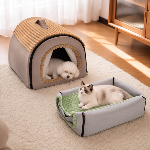 Brown pet house cave shown beside its open-bed configuration with two cats