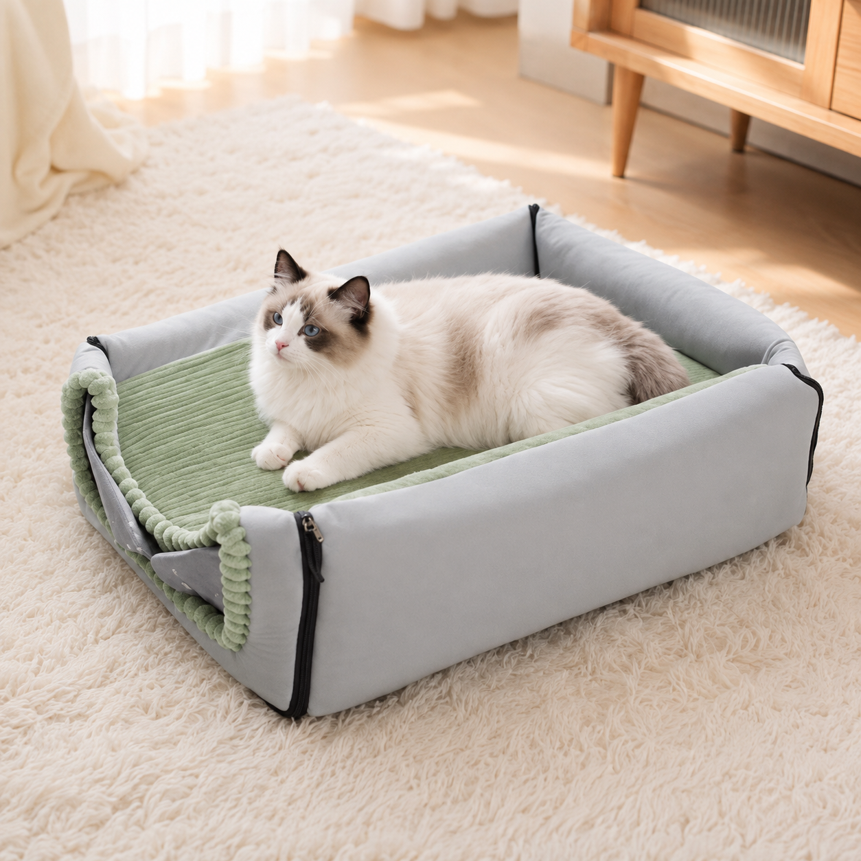 Grey washable pet house cave folded into an open pet bed with a cat