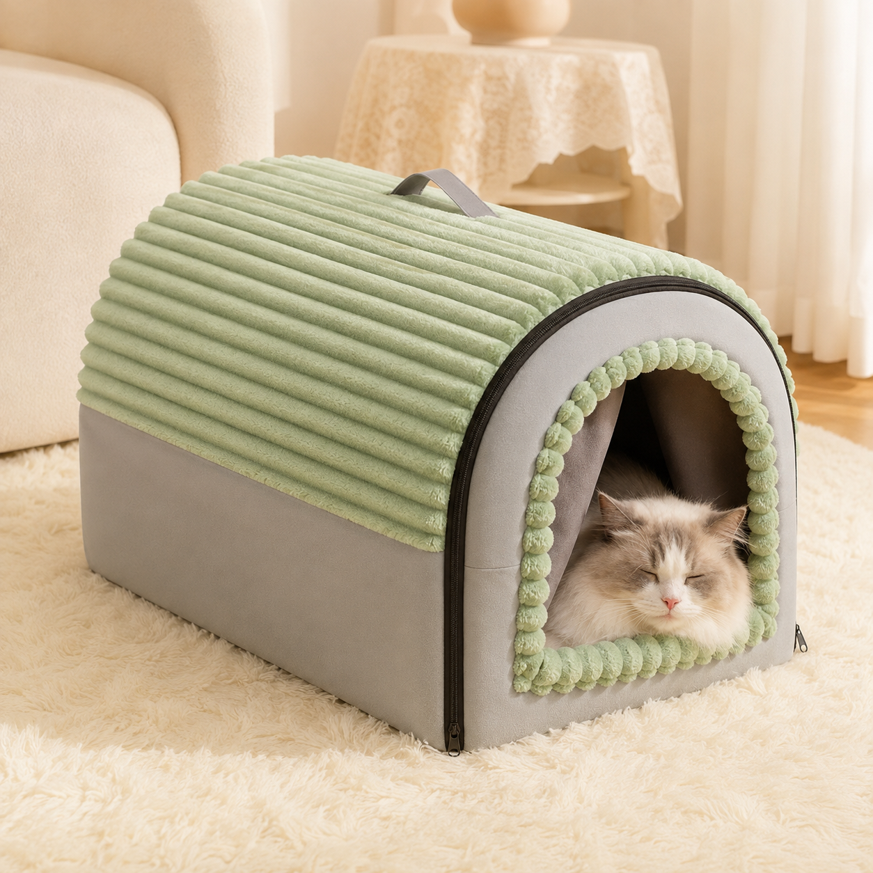 Green and grey washable pet house cave with a cat resting inside