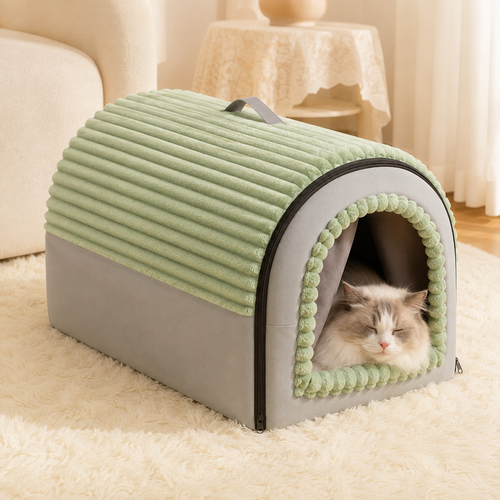 Green and grey washable pet house cave with a cat resting inside