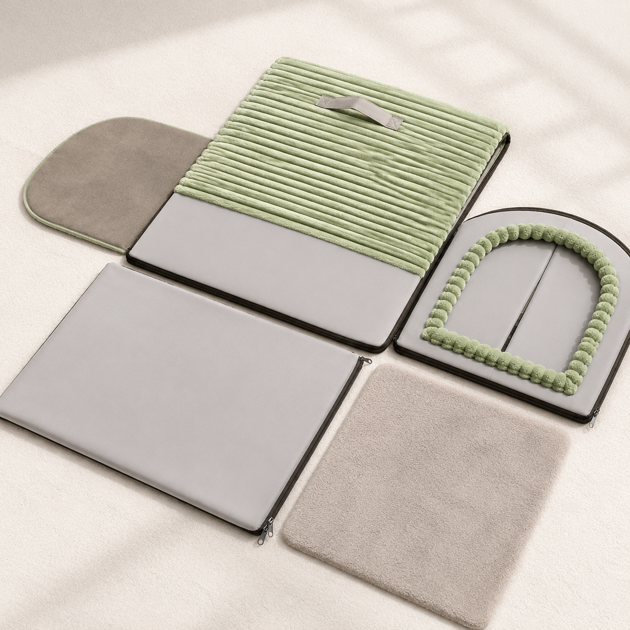 Disassembled washable pet house cave showing the removable fabric panels