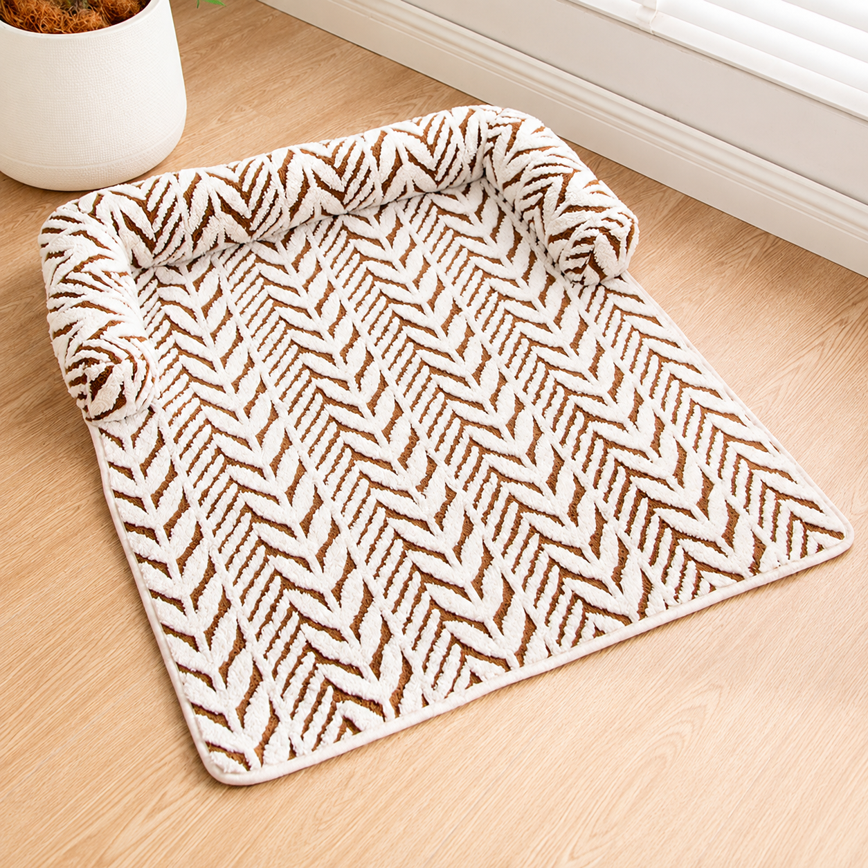 Brown and white plush anti-slip pet mat laid flat, angled product view