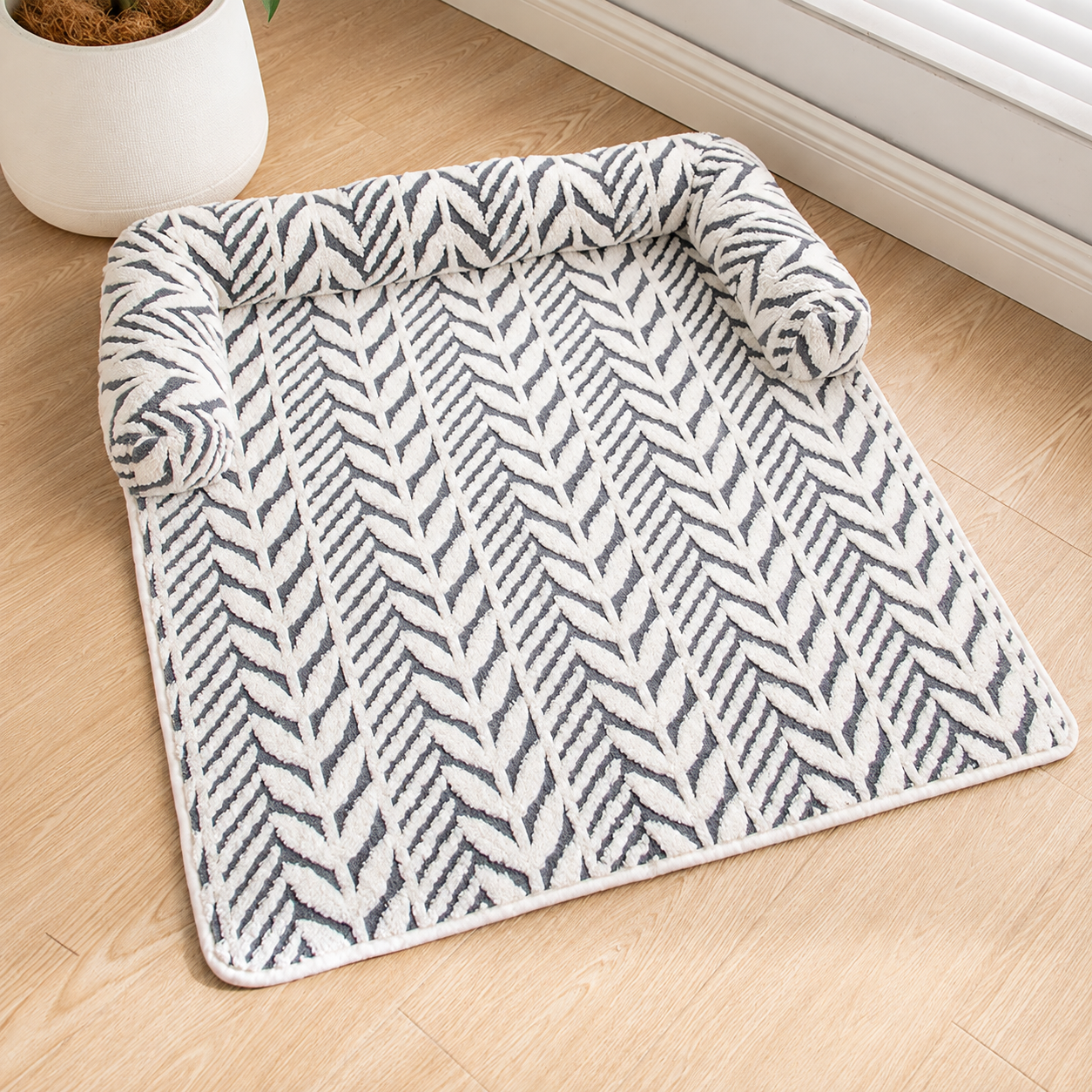 Grey and white plush anti-slip pet mat laid flat, angled product view