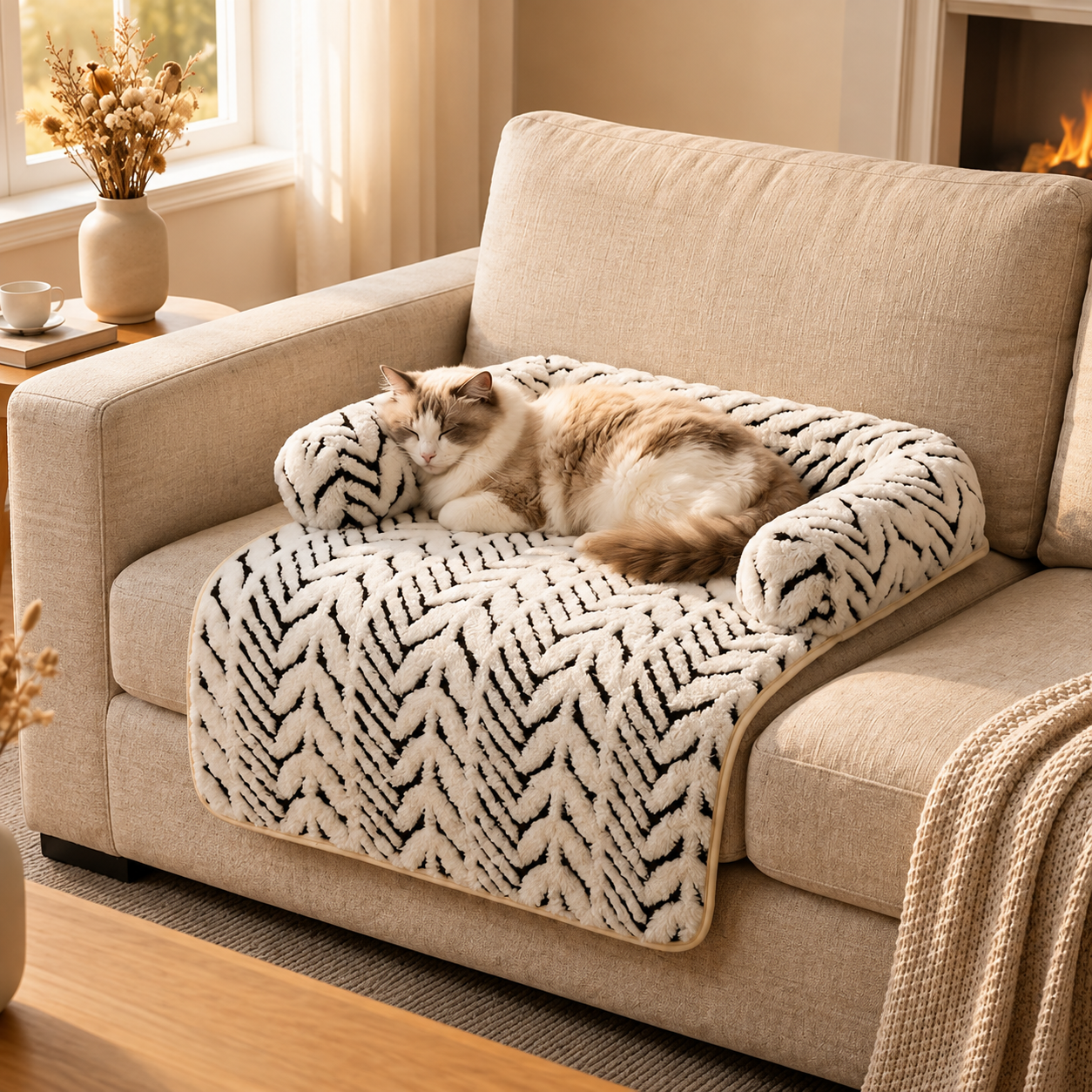 Black and white plush anti-slip pet mat across an armchair with a calico cat