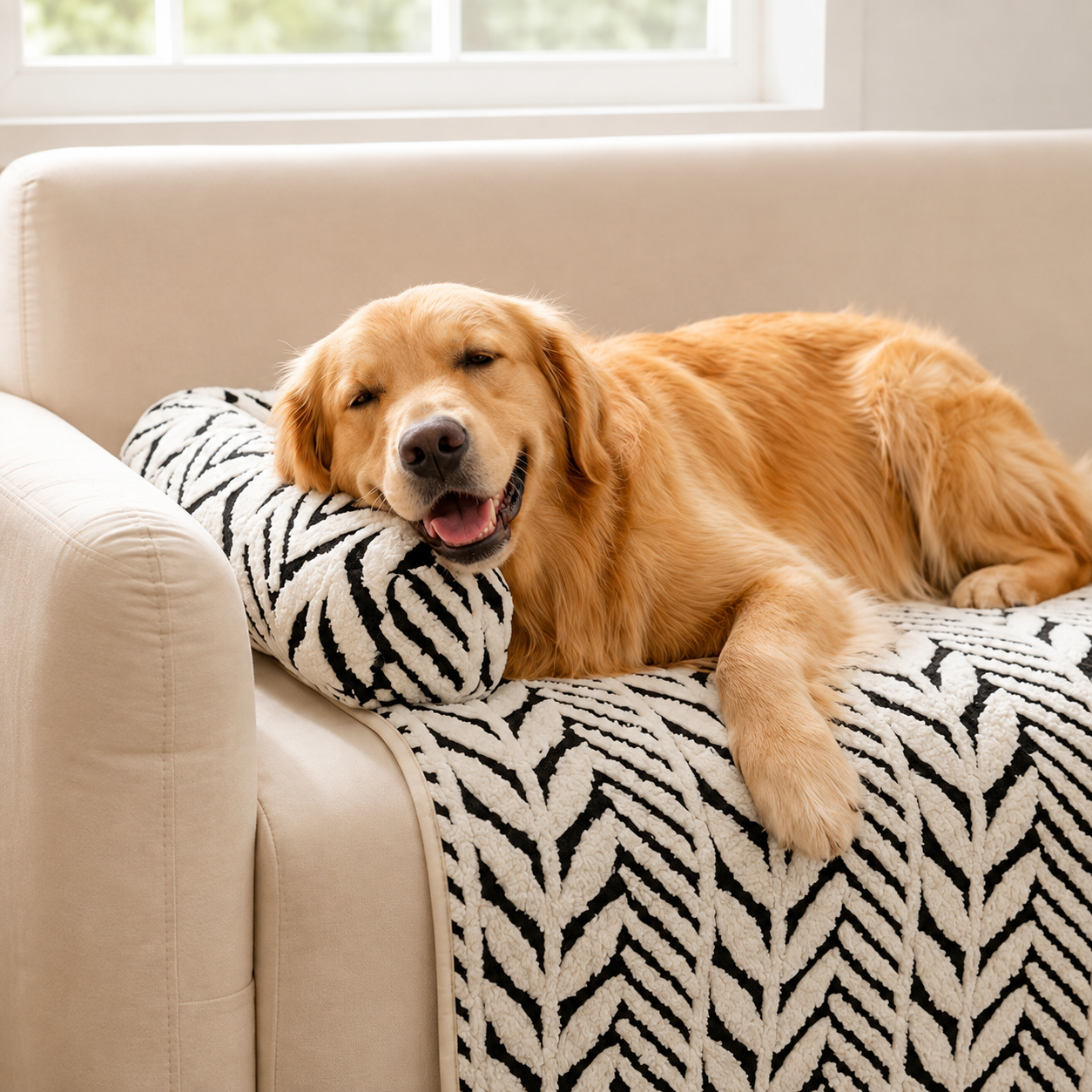 Black and white plush anti-slip pet mat on an armchair with a golden retriever