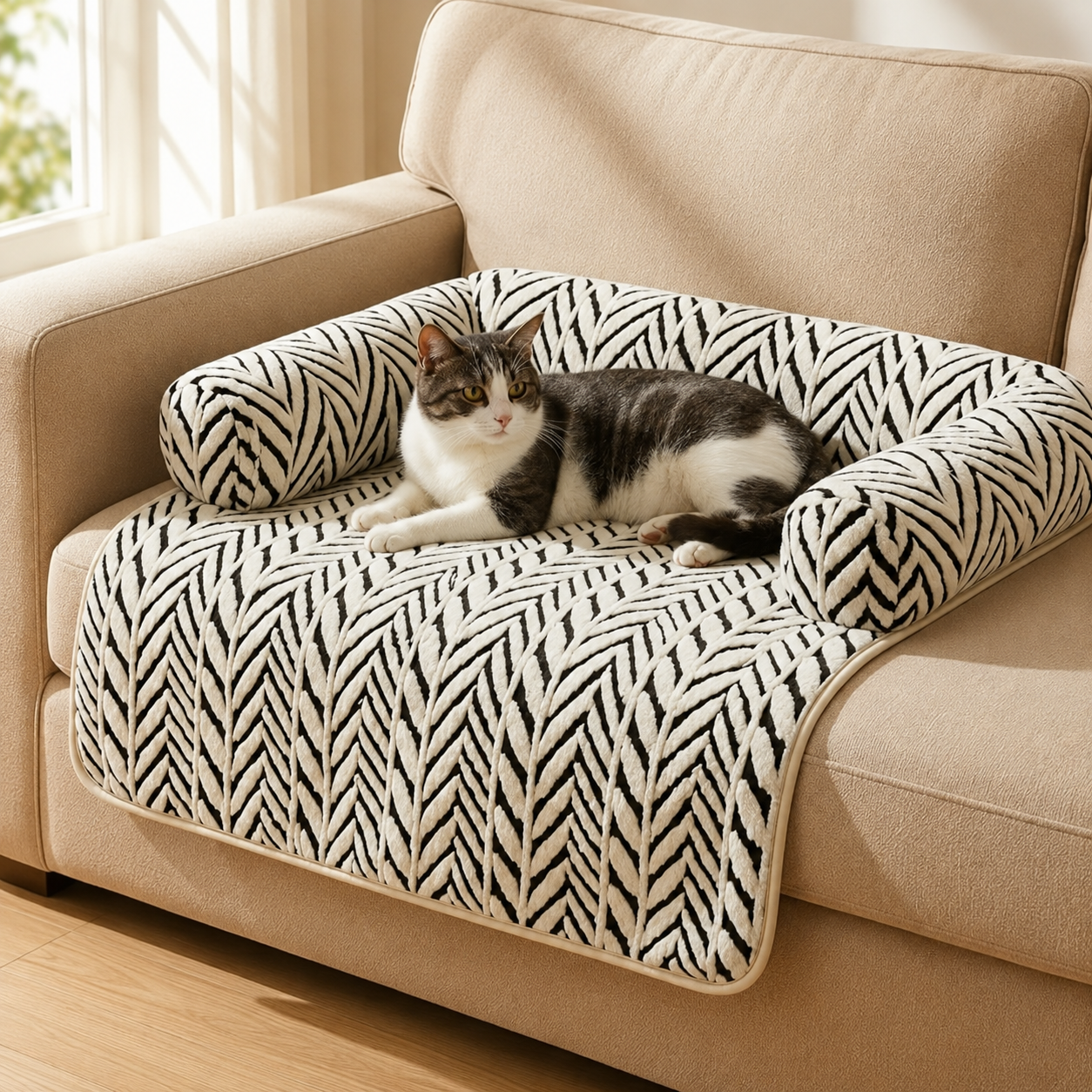 Black and white plush anti-slip pet mat on a sofa with a tabby cat