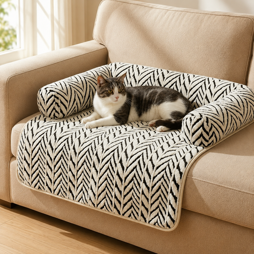 Black and white plush anti-slip pet mat on a sofa with a tabby cat