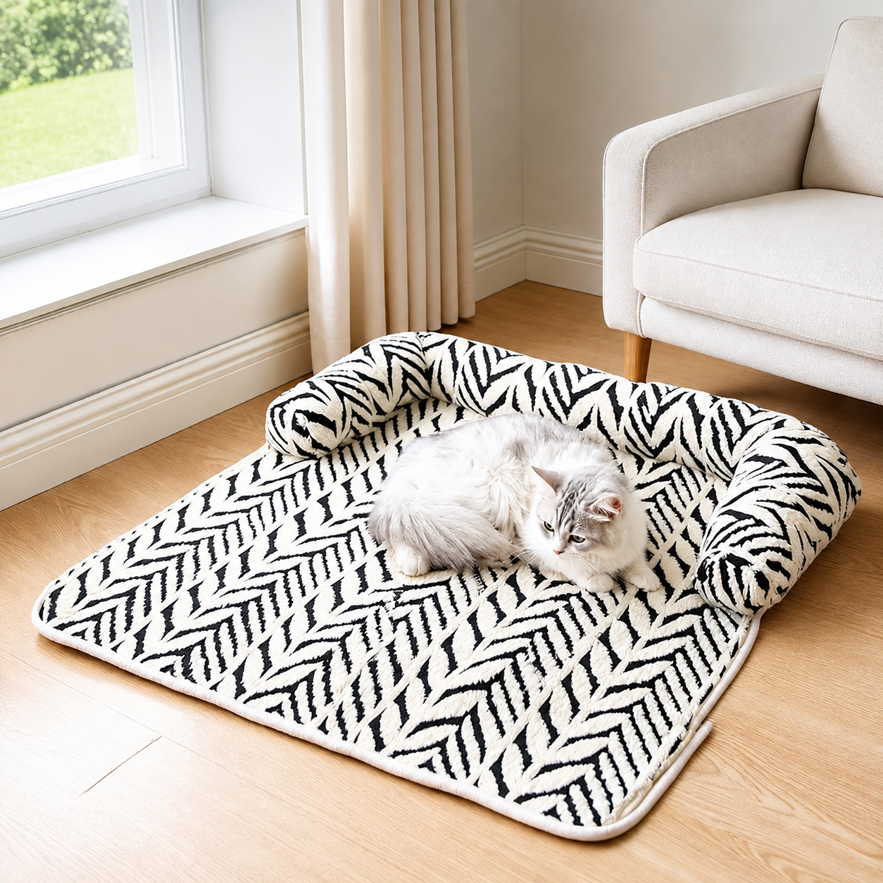 Black and white plush anti-slip pet mat laid flat with a resting white cat