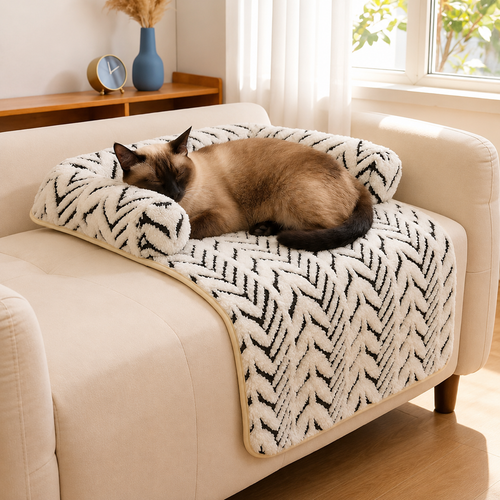 Black and white plush anti-slip pet mat on an armchair with a Siamese cat