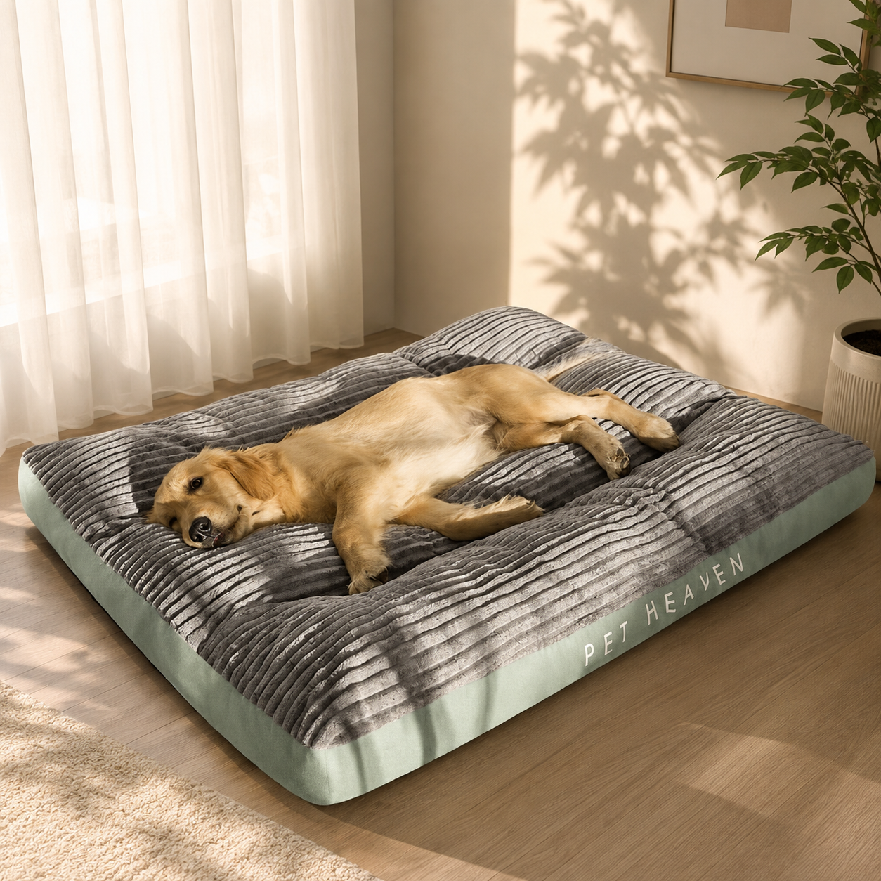 Dirt-resistant ash ribbed pet bed with a sleeping golden dog, side view