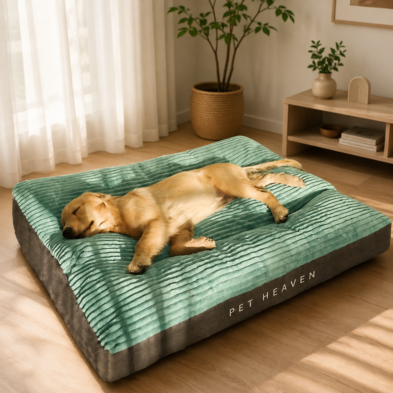 Forest green ribbed pet bed with a sleeping golden retriever, side view