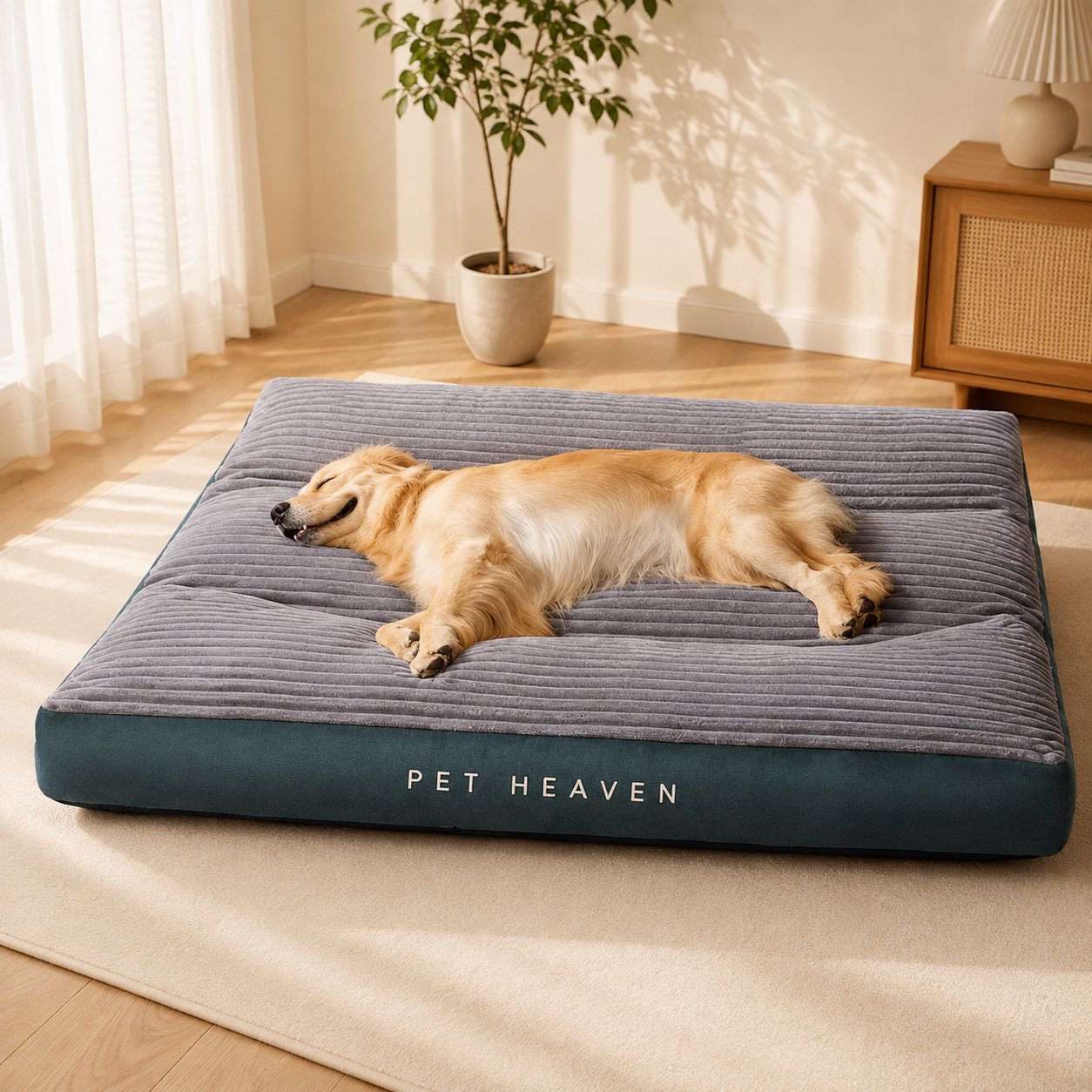 Dirt-resistant ash washable warm pet bed with a sleeping golden dog, angled view