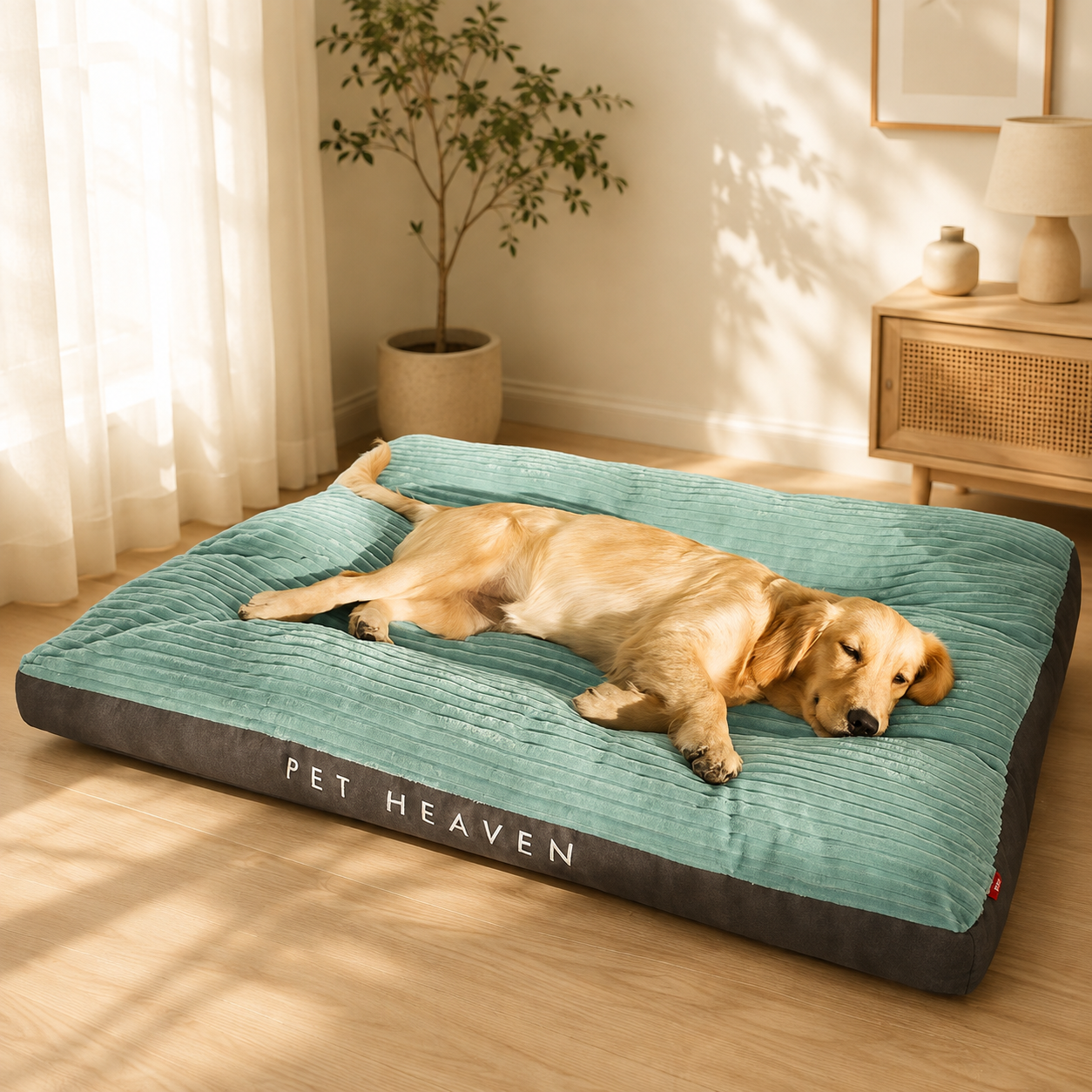 Forest green washable warm pet bed with a sleeping golden retriever, angled view