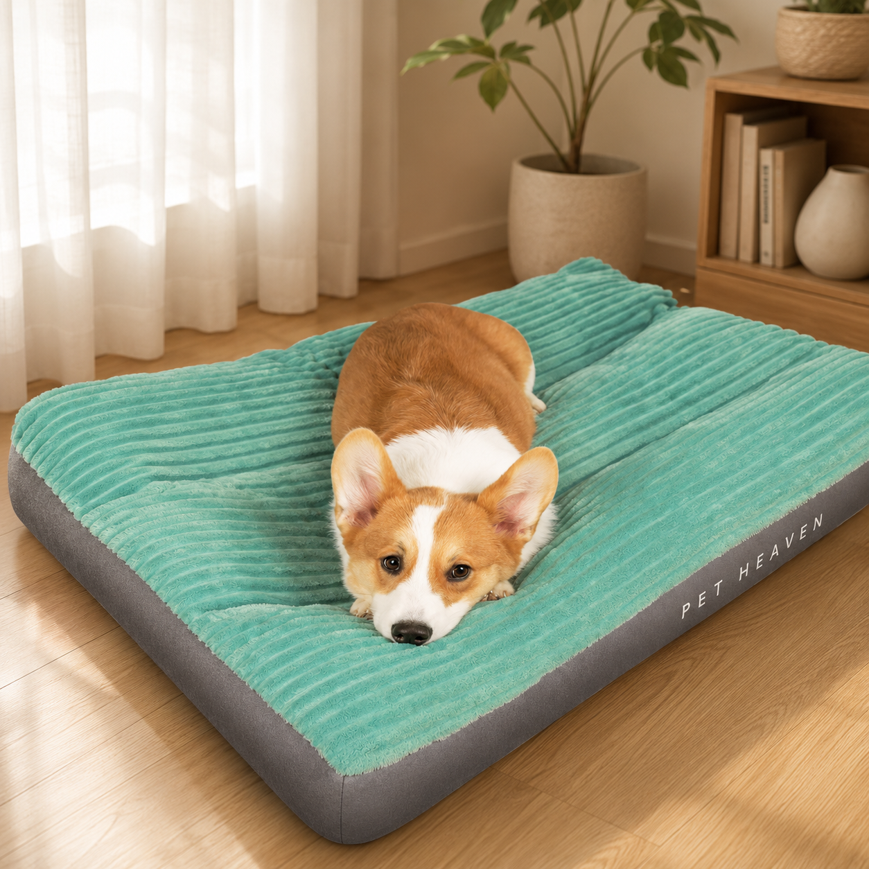 Forest green washable warm pet bed with a resting corgi facing forward