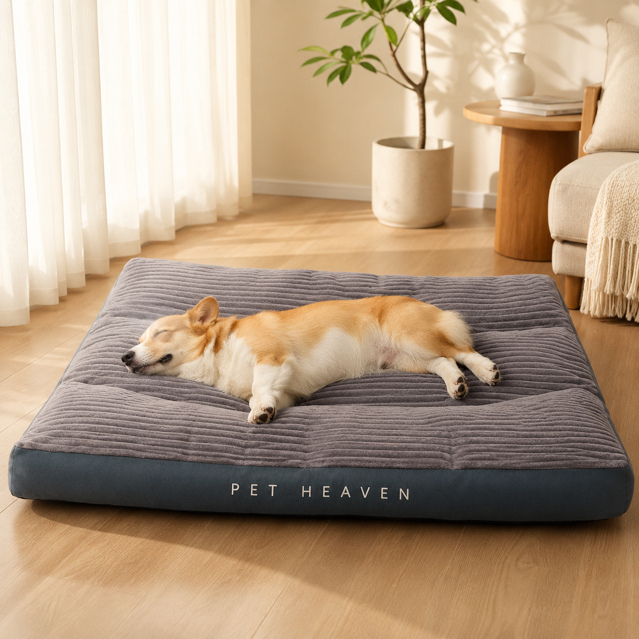 Dirt-resistant ash washable warm pet bed with a sleeping corgi in a sunlit living room