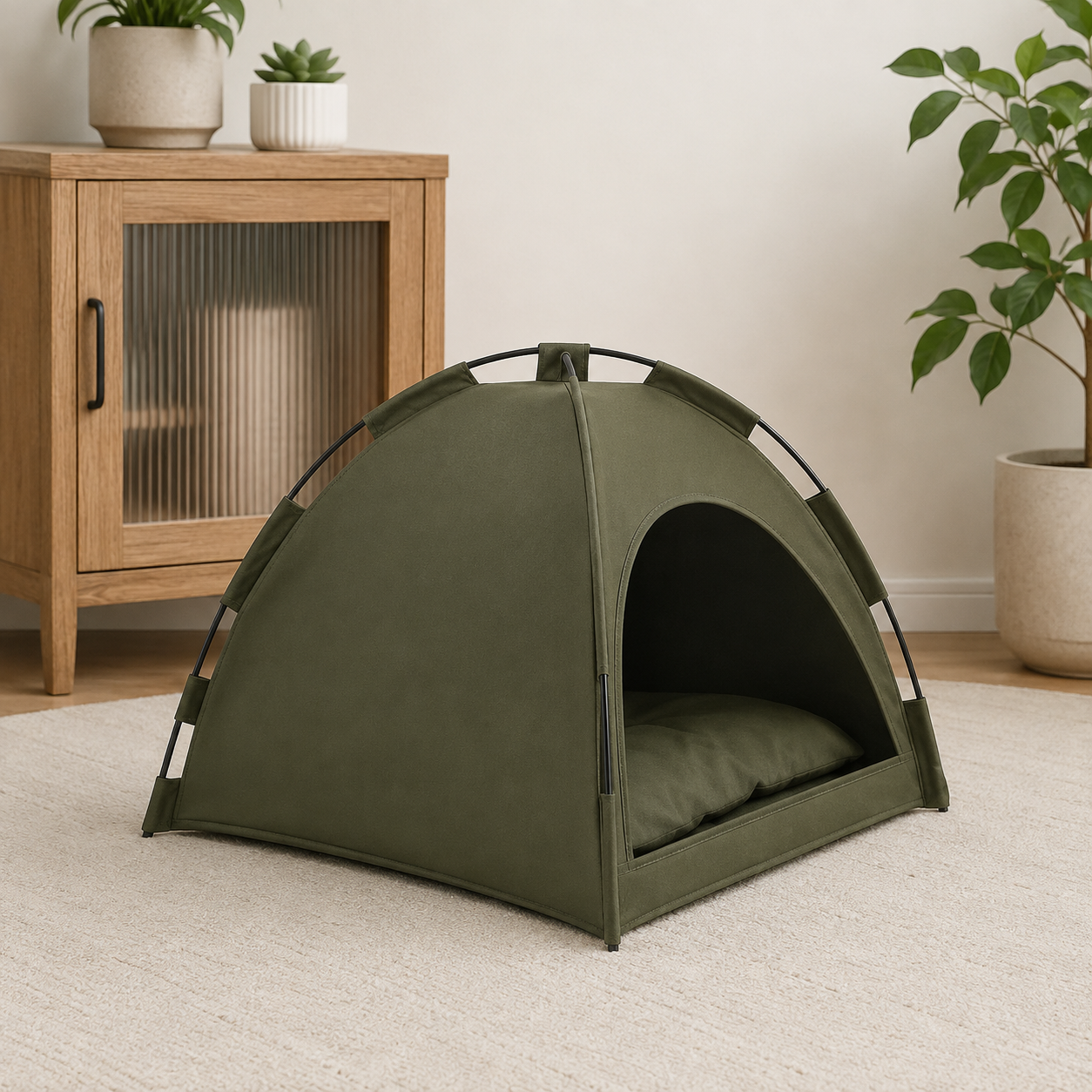 Army green washable pet sleeping tent, product-only angled view