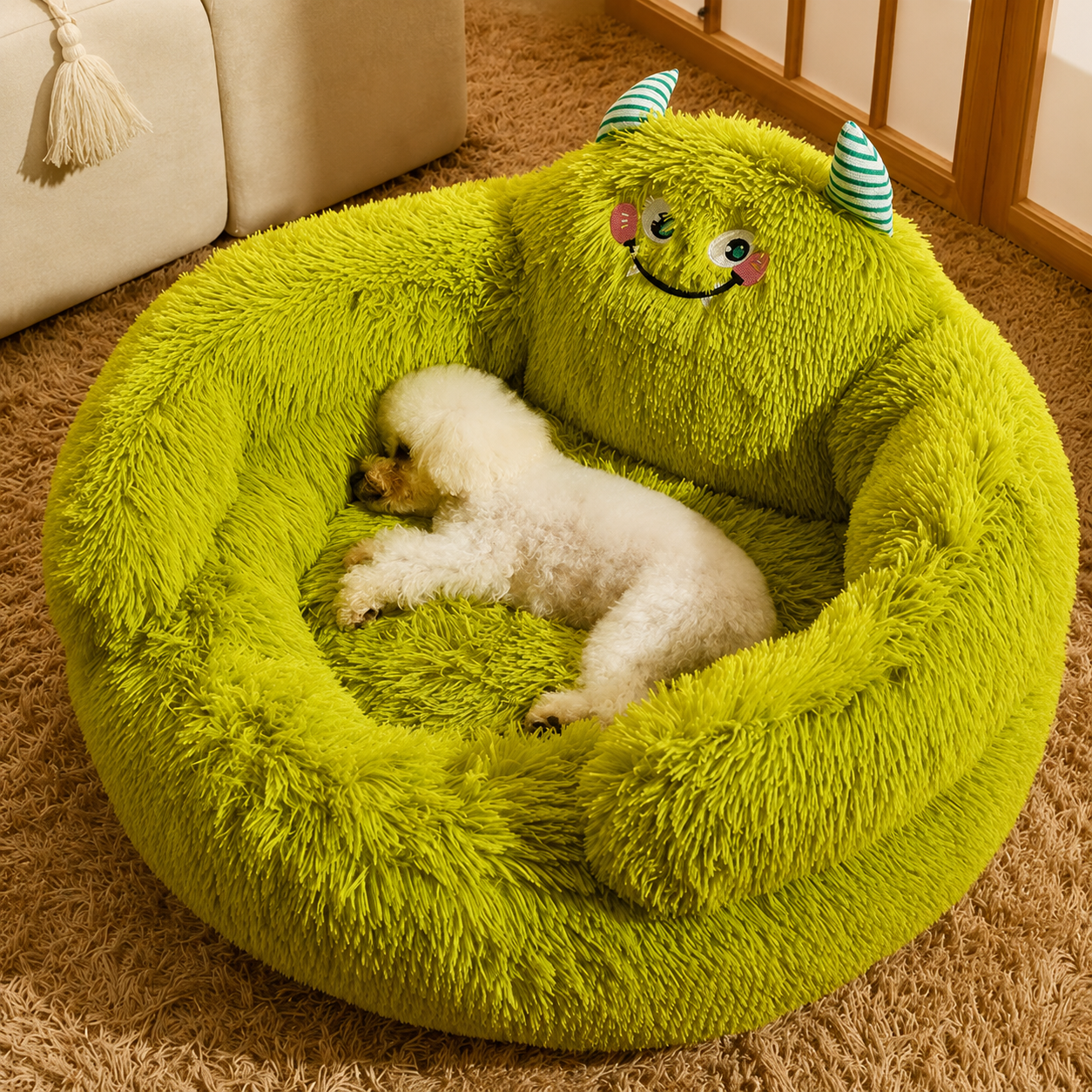 Green shaggy plush pet nest bed with playful horn detail and a small white dog