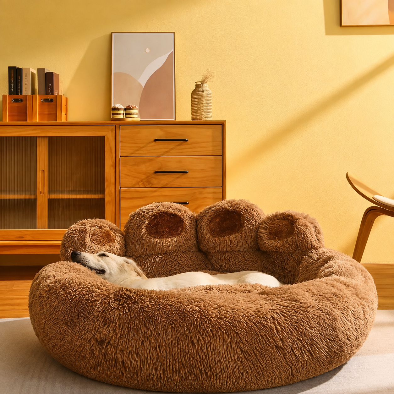 Brown paw-shaped plush pet nest bed with a sleeping dog, side view