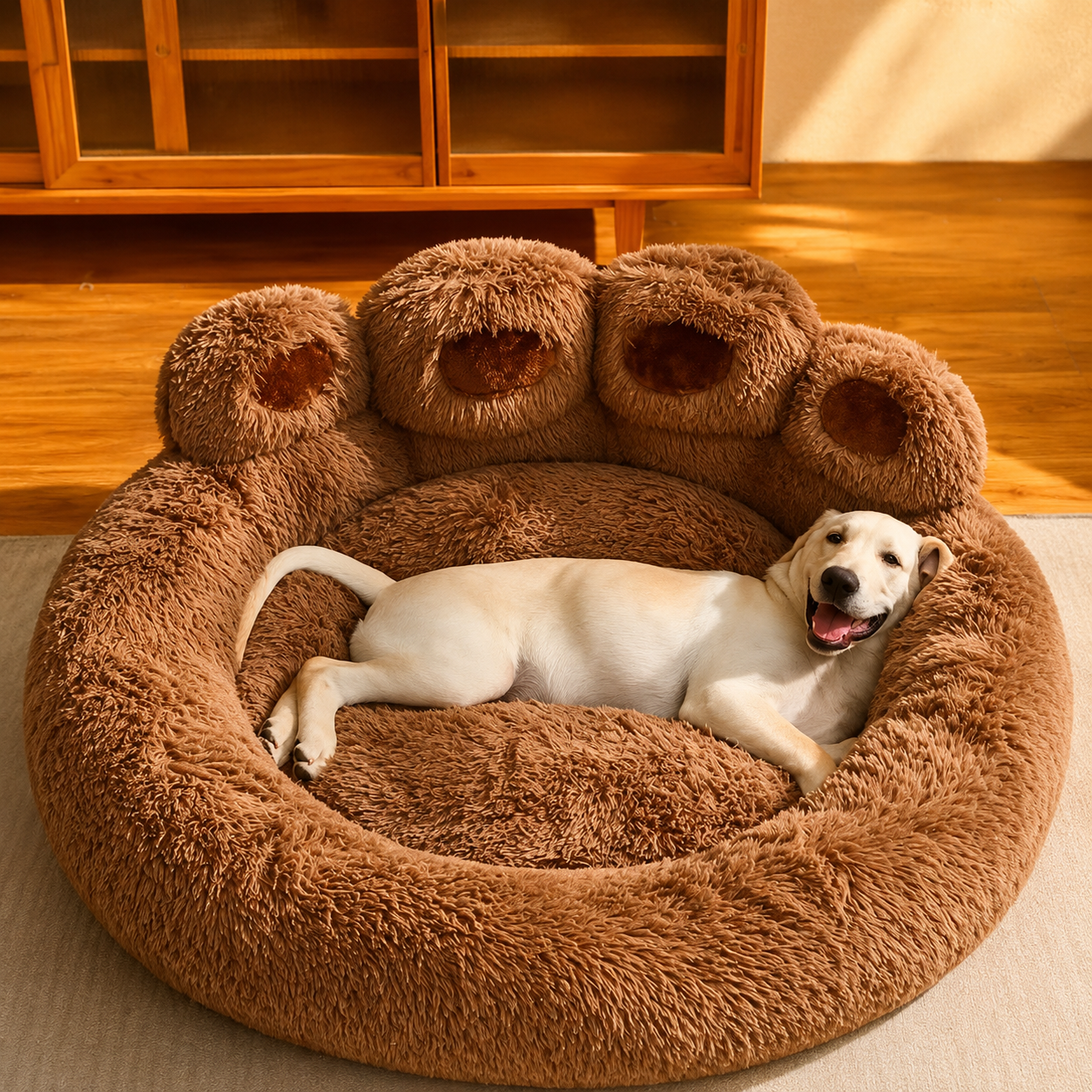Brown paw-shaped plush pet nest bed with a resting yellow Labrador