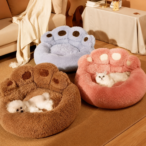 Brown, pink and grey paw-shaped plush pet nest beds with small resting pets