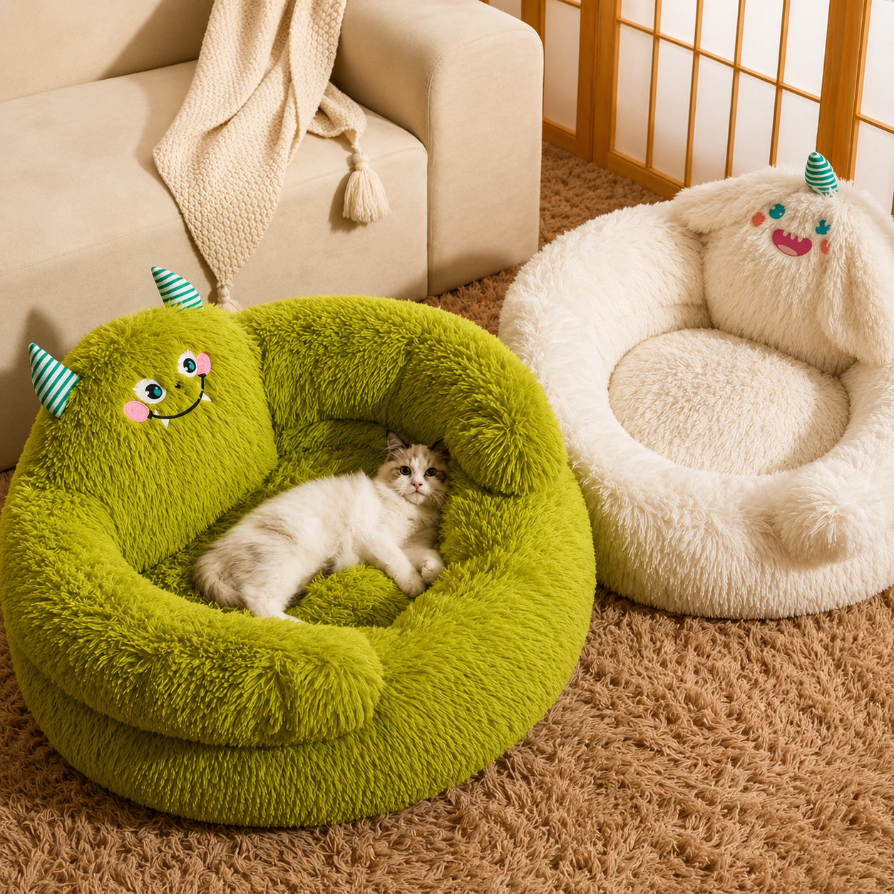 Green and white shaggy pet nest beds with playful horn details and resting cats