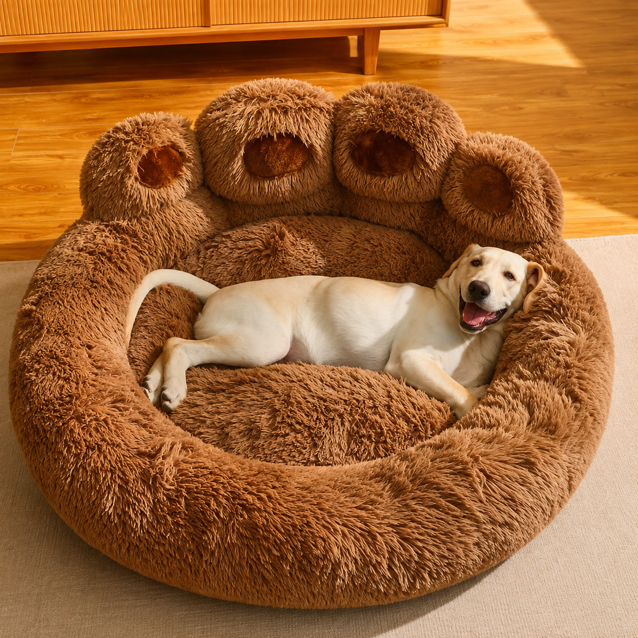 Brown paw-shaped plush pet nest bed with a resting dog, front view