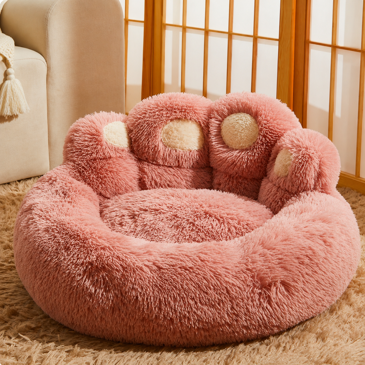 Pink paw-shaped plush pet nest bed, product-only front view