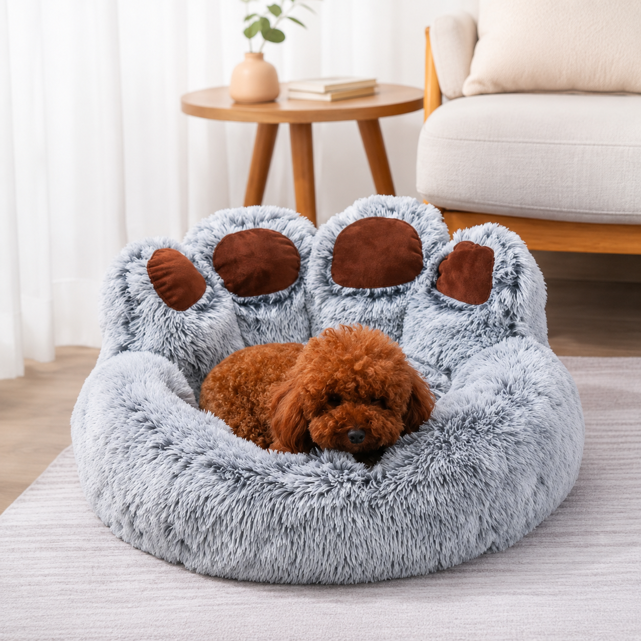 Grey paw-shaped plush pet nest bed with a small brown dog