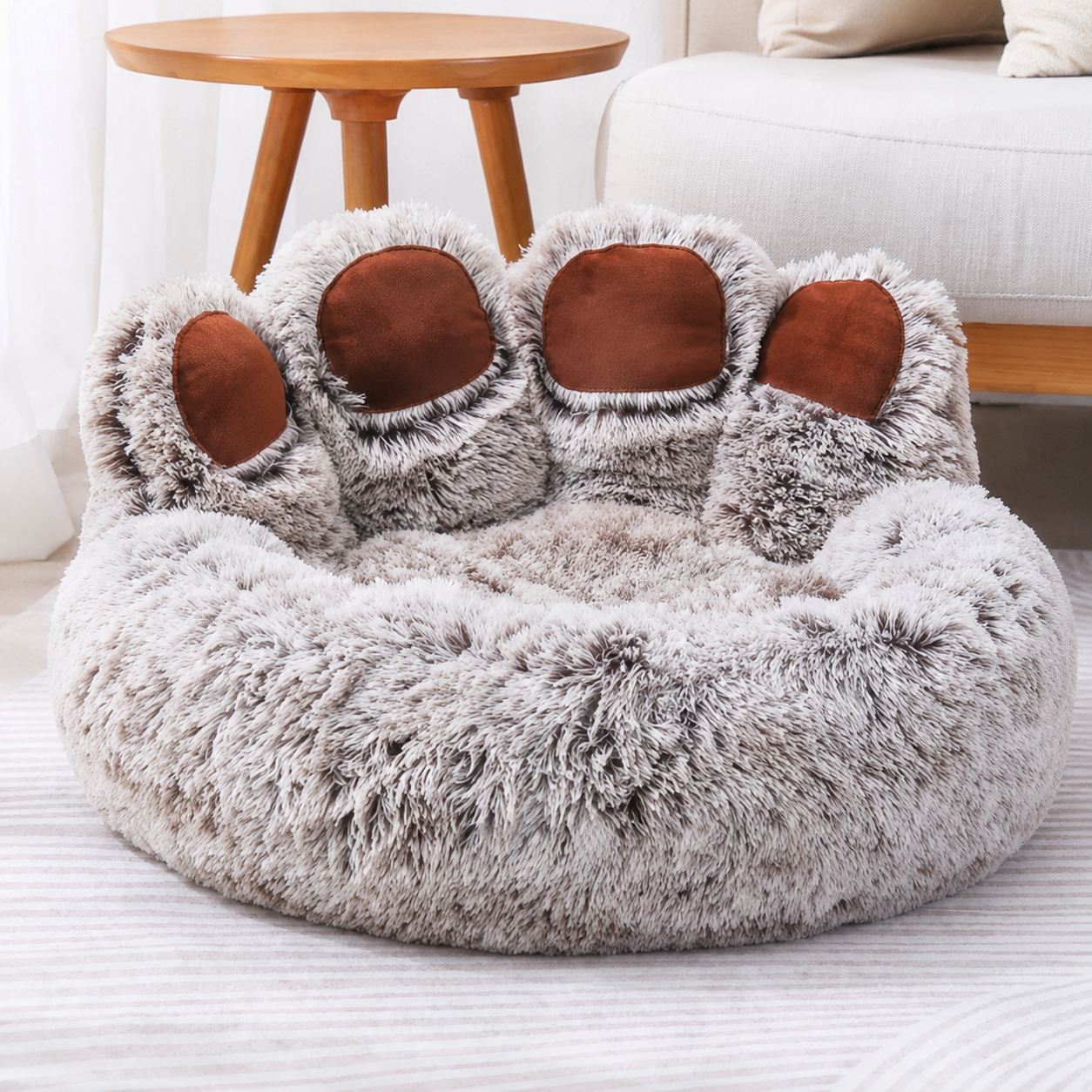 Grey paw-shaped plush pet nest bed, product-only front view