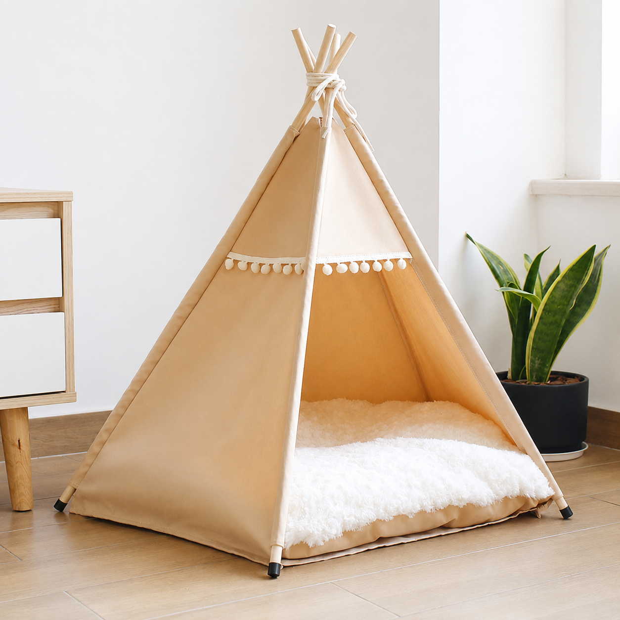 Beige canvas pet hideaway tent with cushion, product-only angled front view