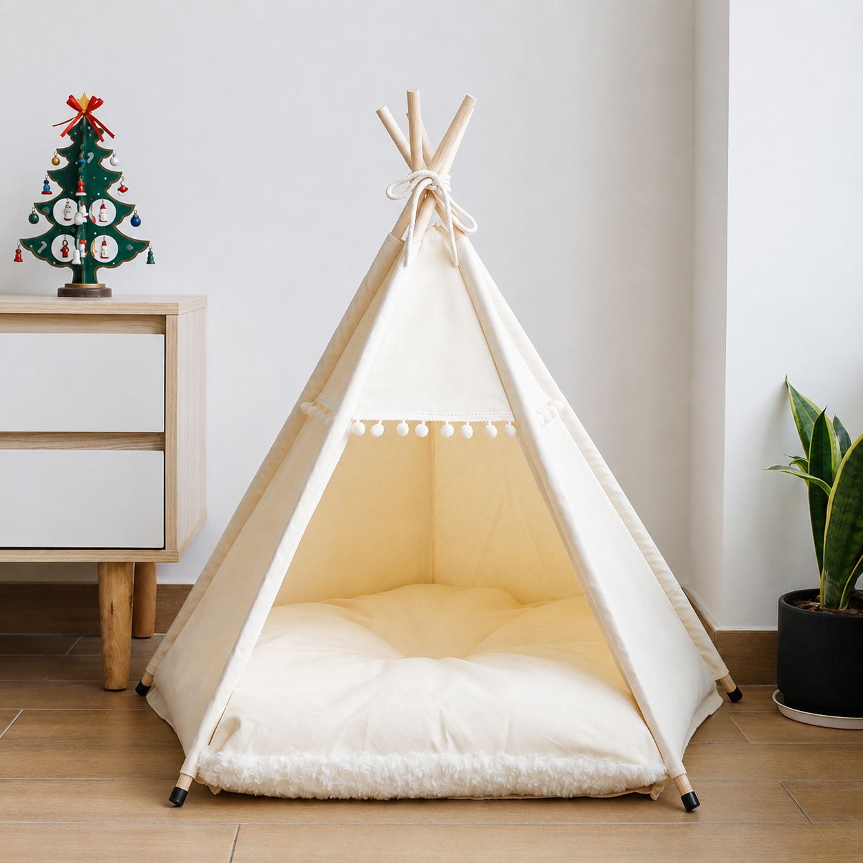 Beige canvas pet hideaway tent with cushion, product-only front view