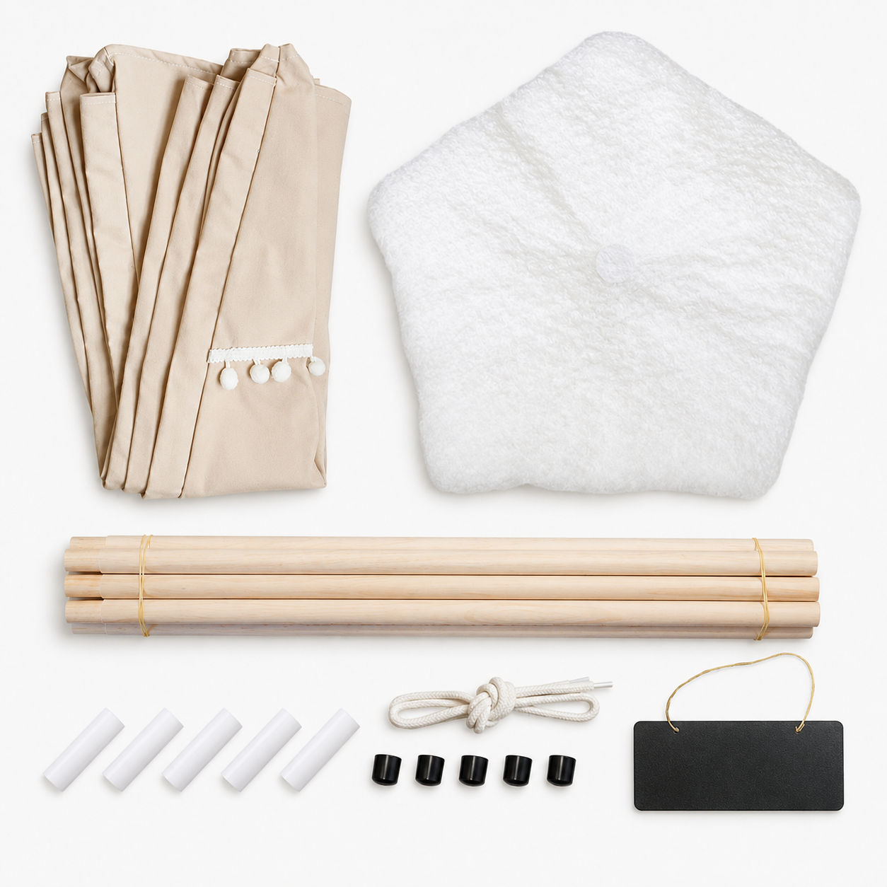 Disassembled canvas pet hideaway tent with fabric, cushion, poles and fittings