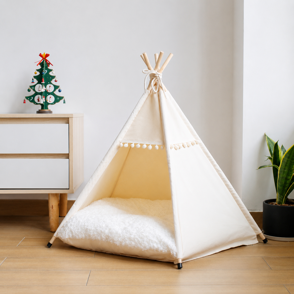 Beige canvas pet hideaway tent with plush cushion in a bright room