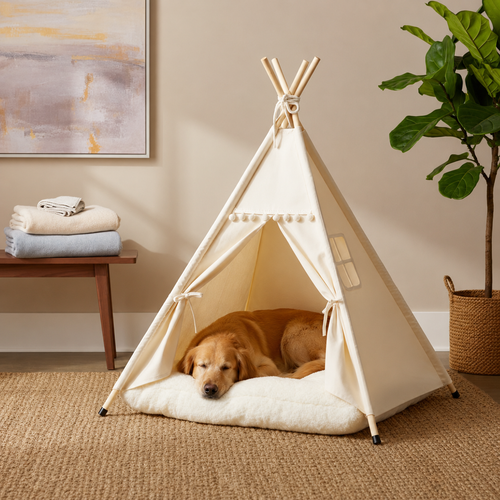 Beige canvas pet hideaway tent with a golden retriever resting on the cushion