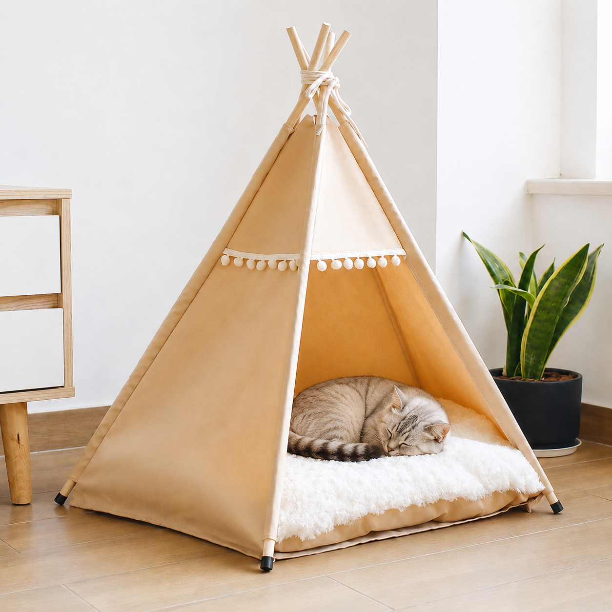 Beige canvas pet hideaway tent with a sleeping tabby cat