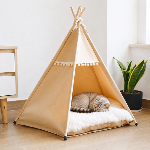 Beige canvas pet hideaway tent with a sleeping tabby cat