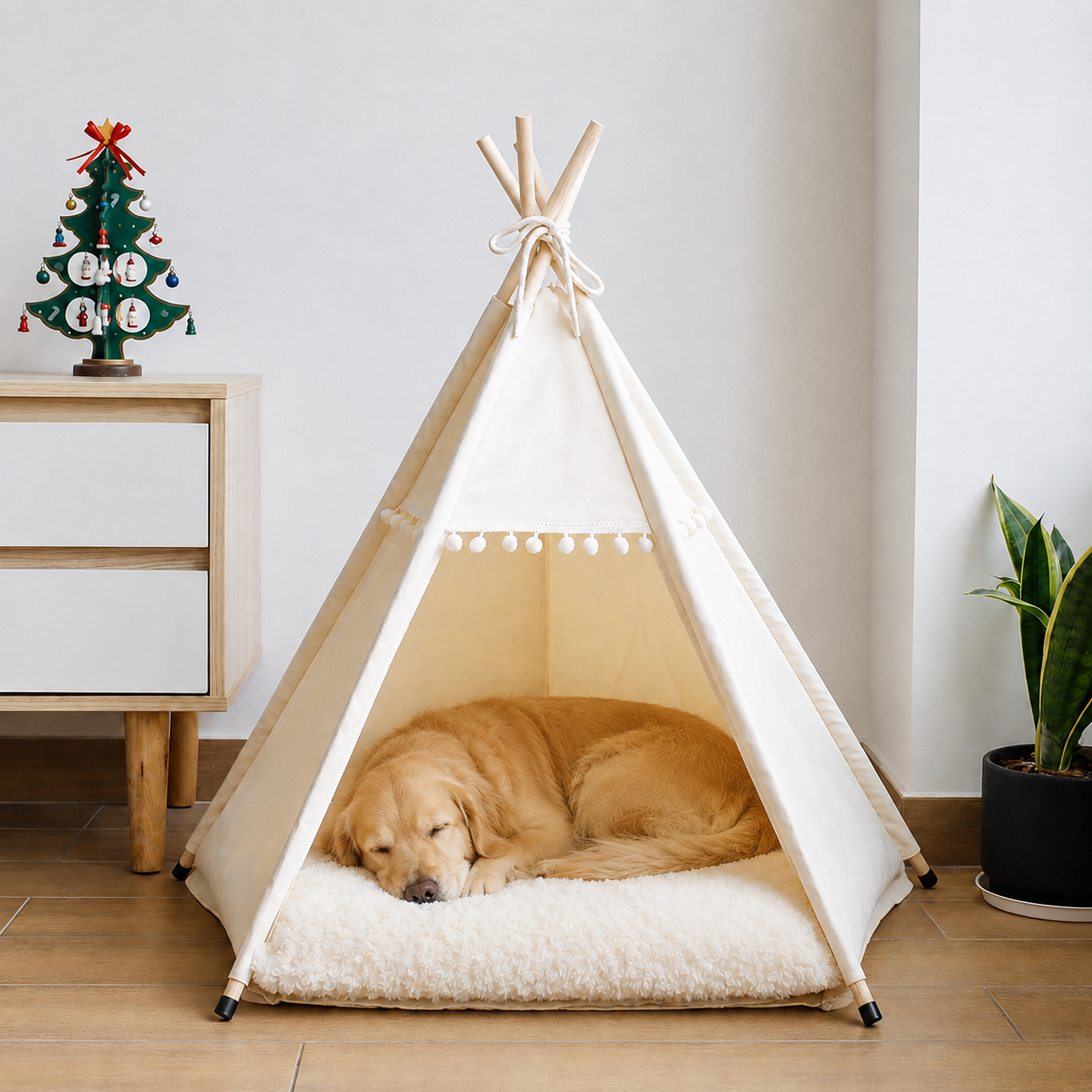 Beige canvas pet hideaway tent with a golden retriever resting inside