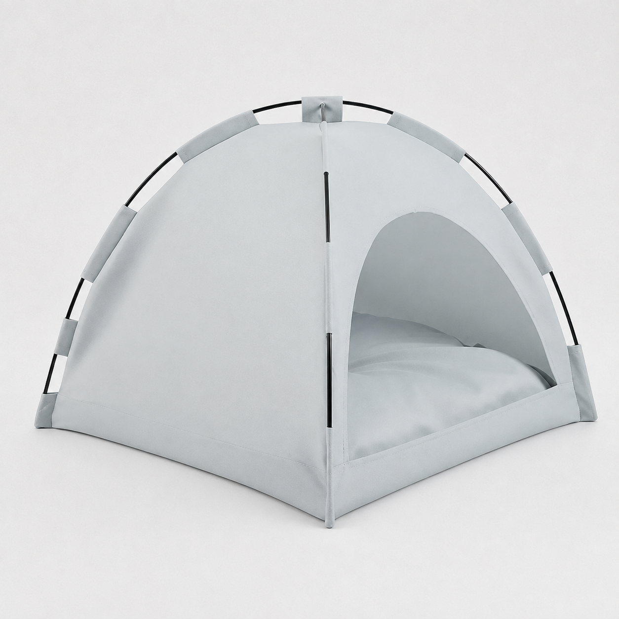 Blue grey washable pet sleeping tent, product-only side view