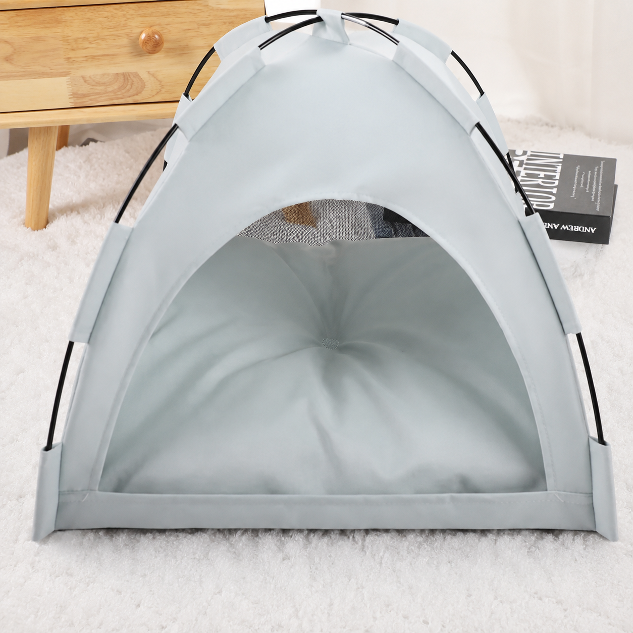 Blue grey washable pet sleeping tent with padded cushion, front view