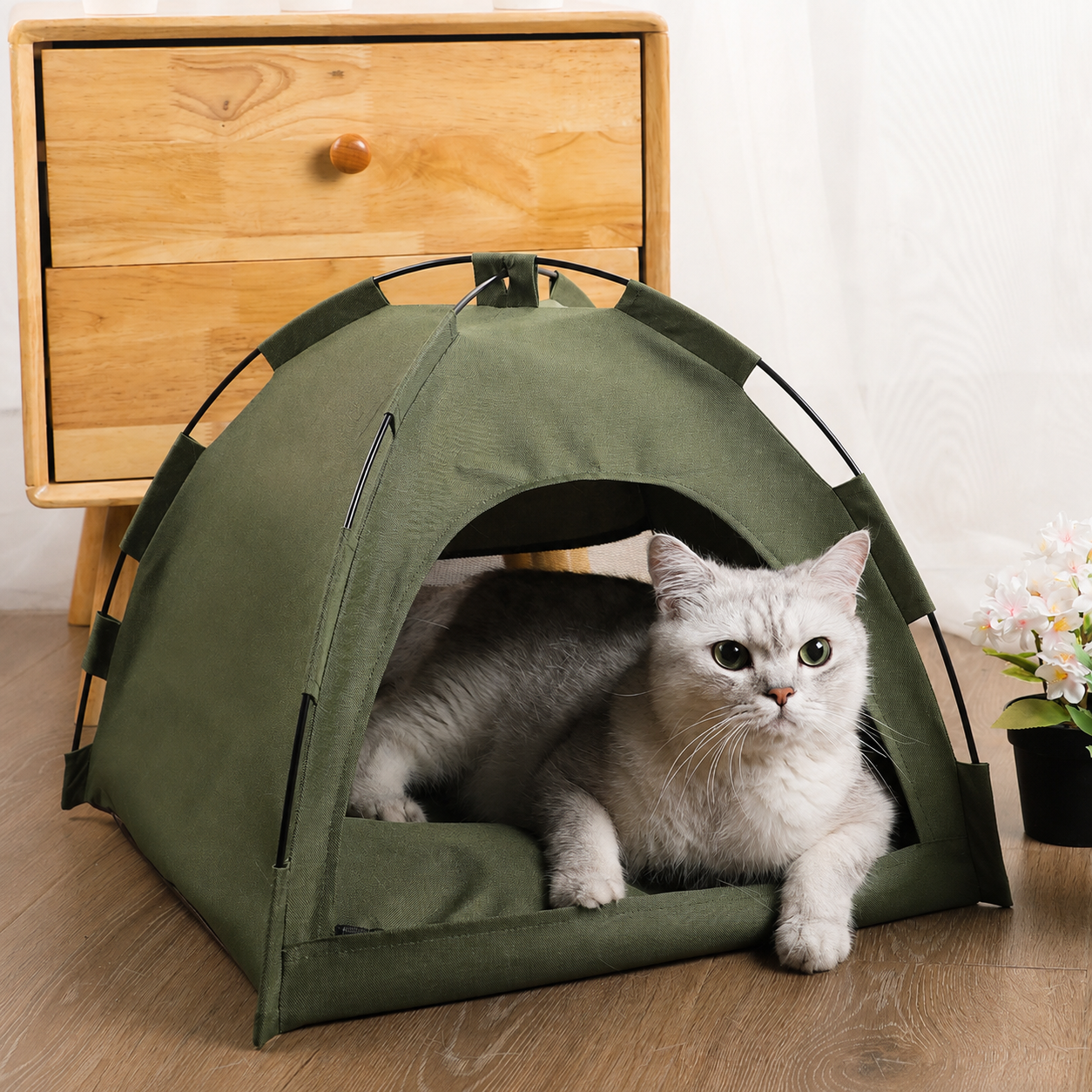 Army green washable pet sleeping tent with a grey cat resting inside