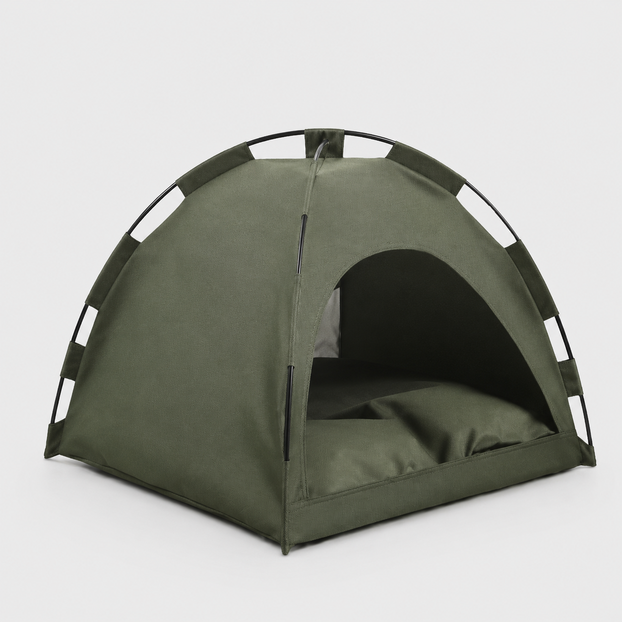 Army green washable pet sleeping tent, product-only front angle